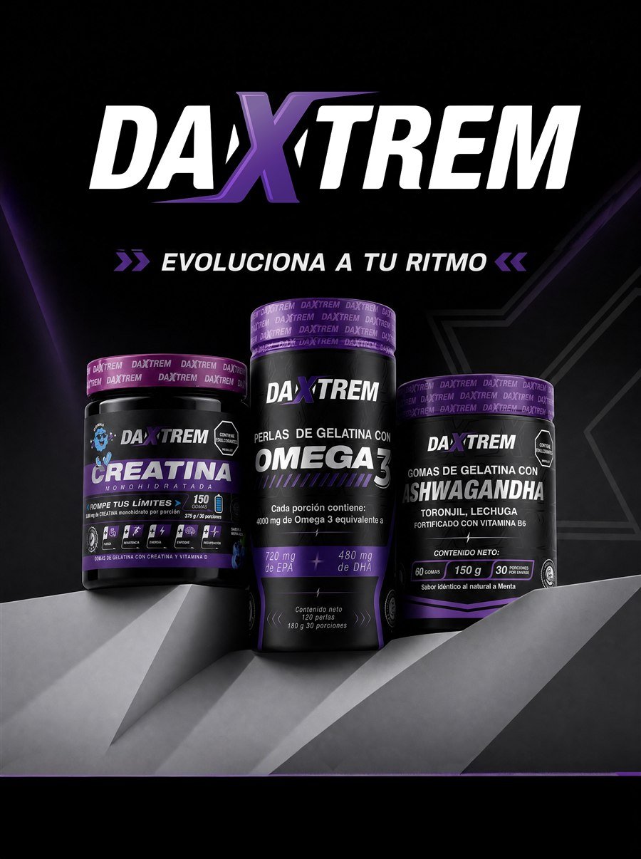 Kit Evoluciona DAXTREM: Creatina en gomas, Omega 3 en perlas y Ashwagandha en gomas